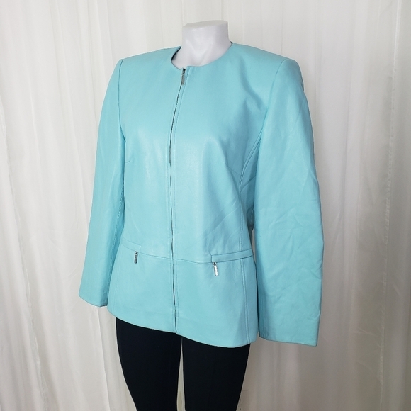 Basler faux leather zip front jacket Tiffany Blue medium - Picture 1 of 9
